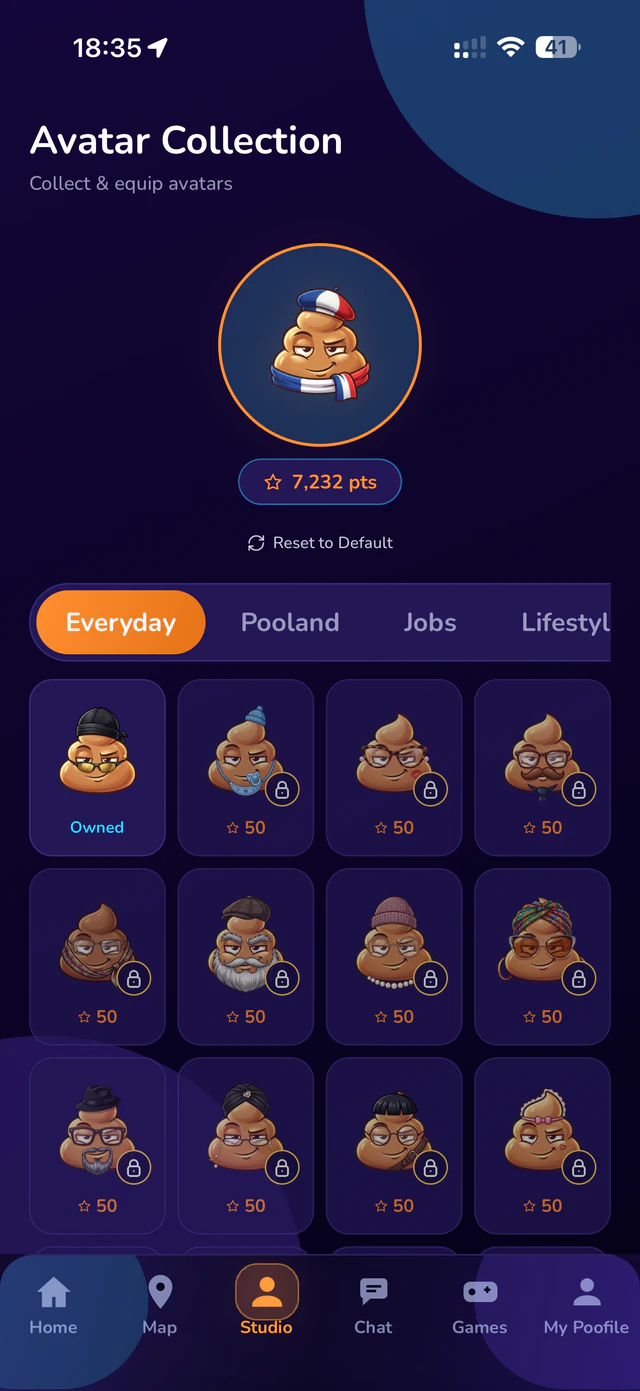 The avatar collection: a grid of poo mascots in hats and costumes
