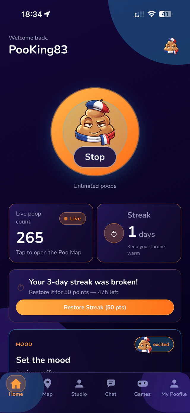 The home screen during a session: the big button, a live count of people on the throne, your streak and today's mood