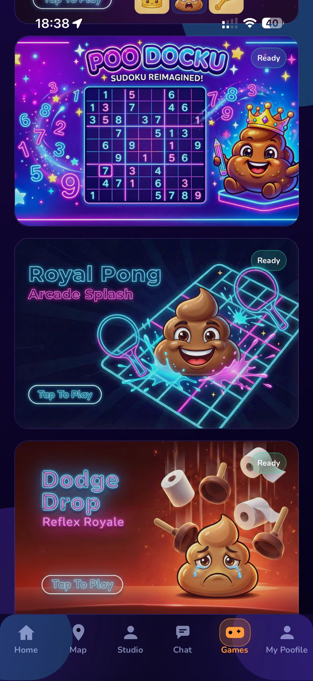 More games: Poo Docku, Royal Pong and Dodge Drop