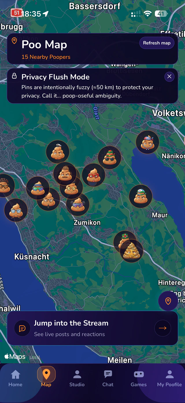 The Poo Map: poo pins around towns near Zurich, with Privacy Flush Mode's note that pins are deliberately fuzzy