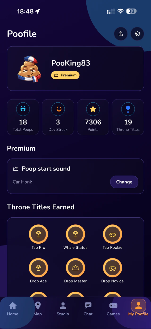 The Poofile: total sessions, streak, points and throne titles earned