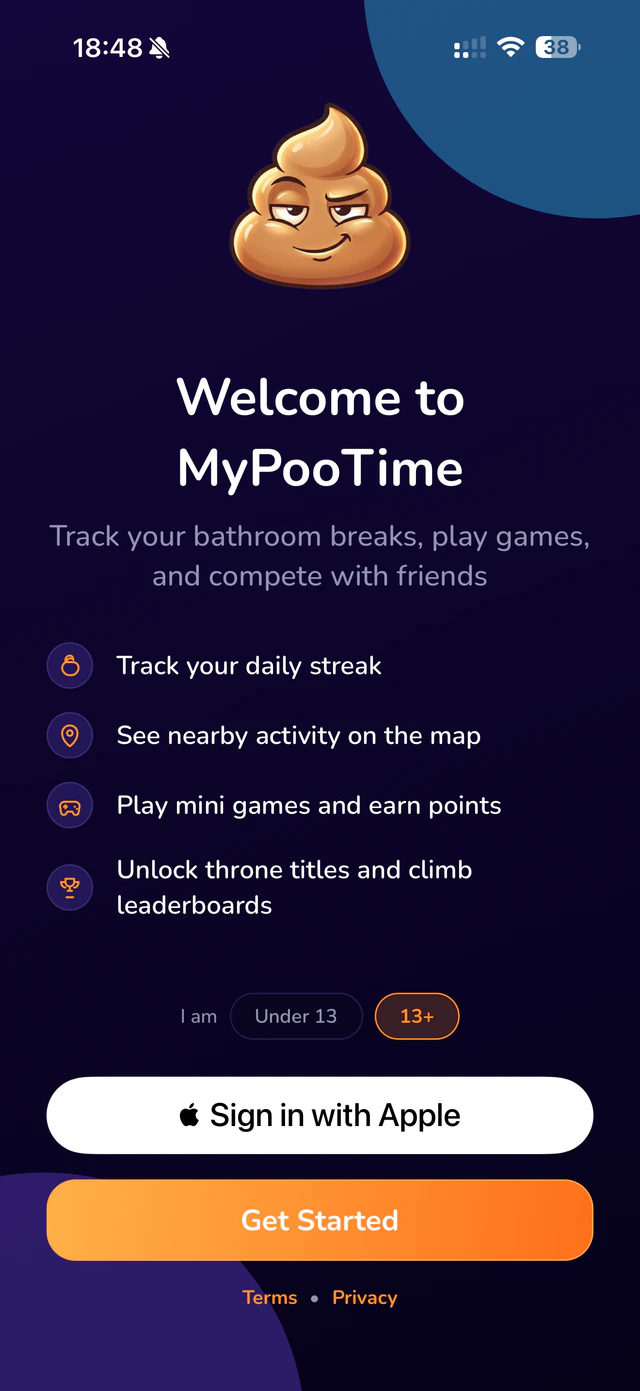 The welcome screen: track bathroom breaks, play games, compete with friends, and an age choice of under 13 or 13 and up